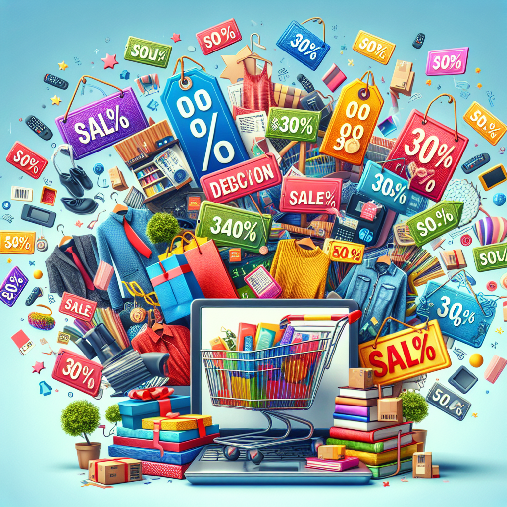 Scène d'achat en ligne avec des produits en promotion, un chariot plein d'articles, et des codes promo affichés sur l'écran d'ordinateur.