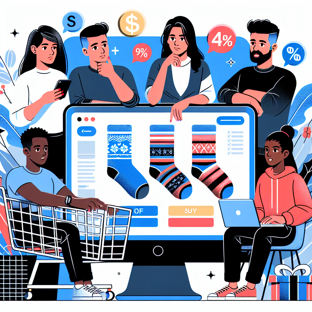 Groupe de personnes faisant des achats en ligne ensemble, examinant des achats en grande quantité sur une plateforme comme Groupon ou Alibaba, avec des éléments comme des paniers d'achat et des réductions.