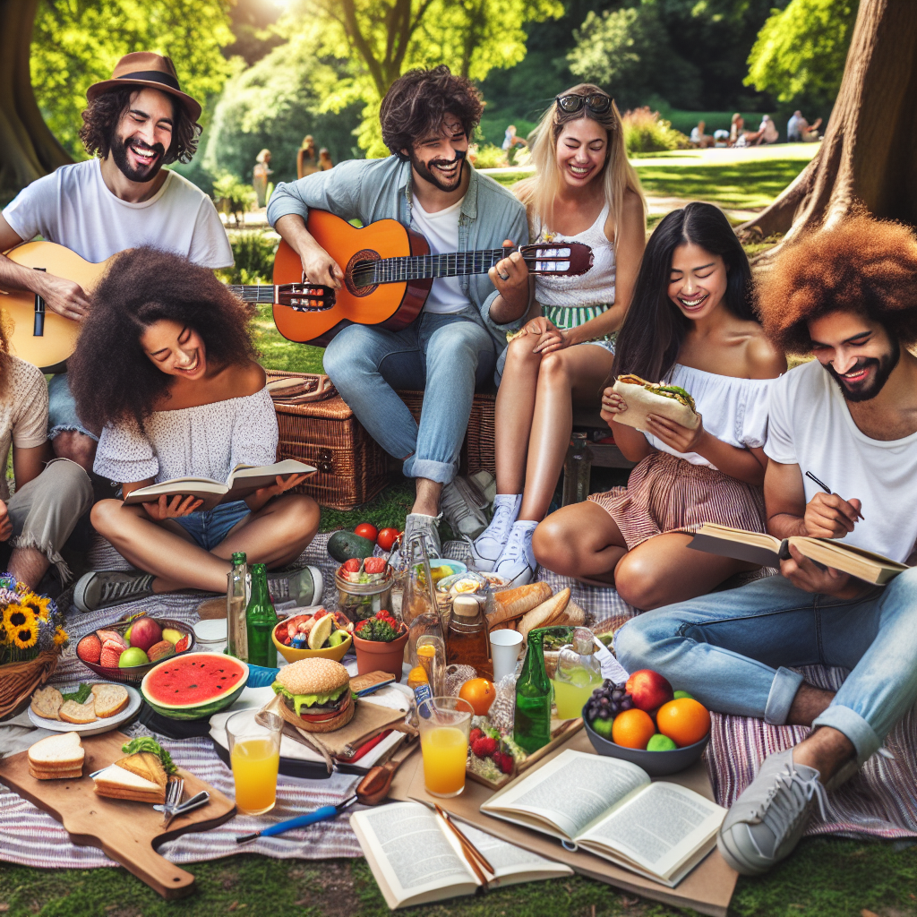 Groupe d'amis profitant d'un pique-nique en plein air dans un parc.