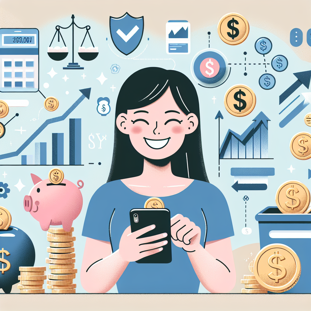 Une personne heureuse configurant des virements automatiques sur son smartphone, avec des symboles d'argent et d'épargne autour. L'arrière-plan comprend des éléments représentant la croissance financière et la stabilité.