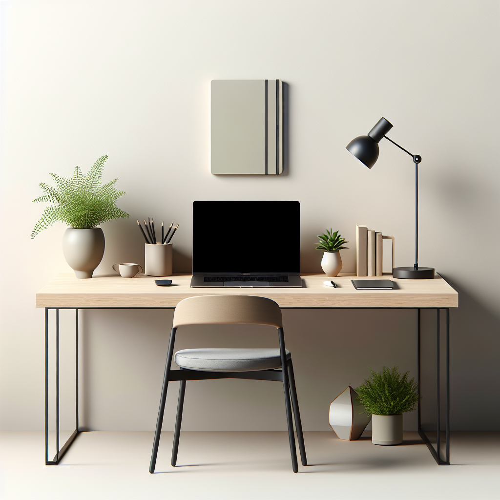 Un bureau minimaliste avec un ordinateur portable, une plante et un carnet