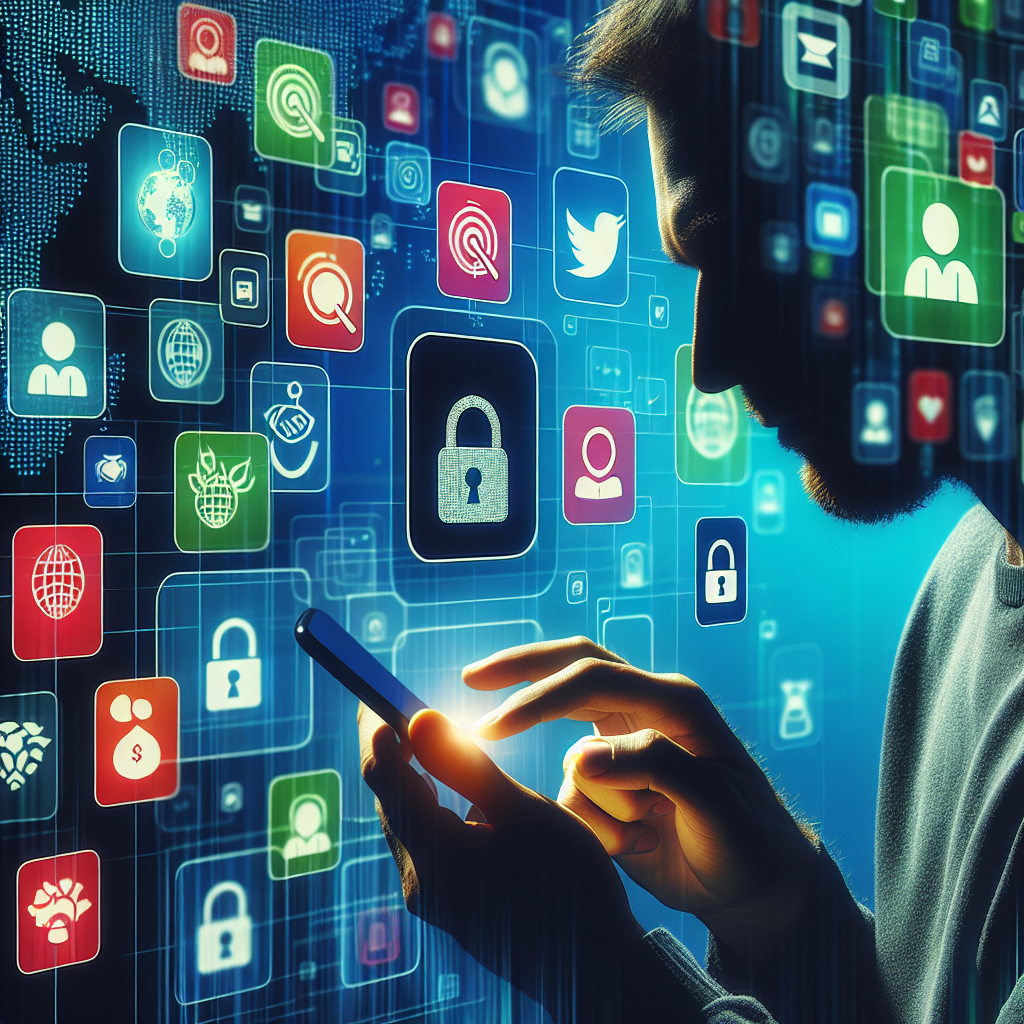 Une personne utilisant un smartphone avec des applications de suivi des dépenses et de la consommation de données affichées sur l'écran, avec en arrière-plan des icônes d'applications.