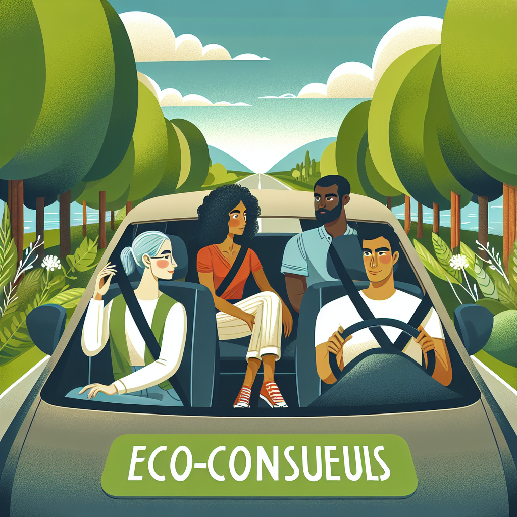 Scène de covoiturage écologique sur une route pittoresque, avec plusieurs passagers dans un véhicule partagé, entouré d'arbres verts et d'un ciel dégagé.