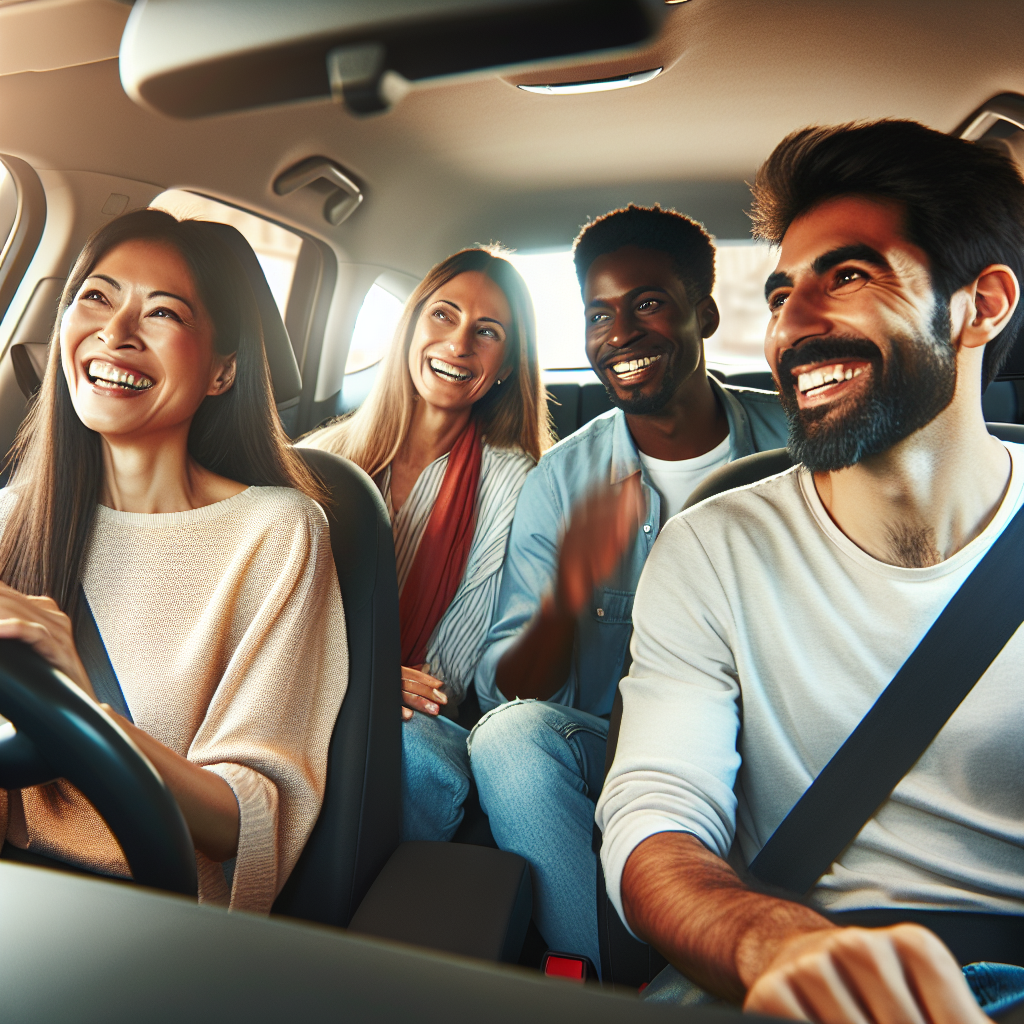 Personnes souriantes partageant un trajet en voiture, discutant et profitant de l'instant dans un intérieur de voiture moderne et confortable.