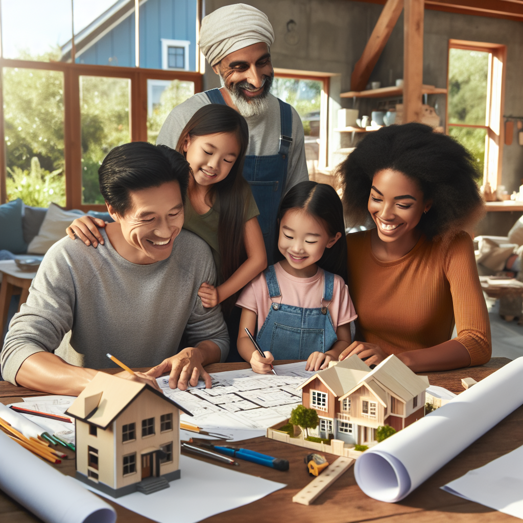 Famille examinant des plans de rénovation avec un entrepreneur, maison bien isolée et aide ménagère effectuant des tâches domestiques.