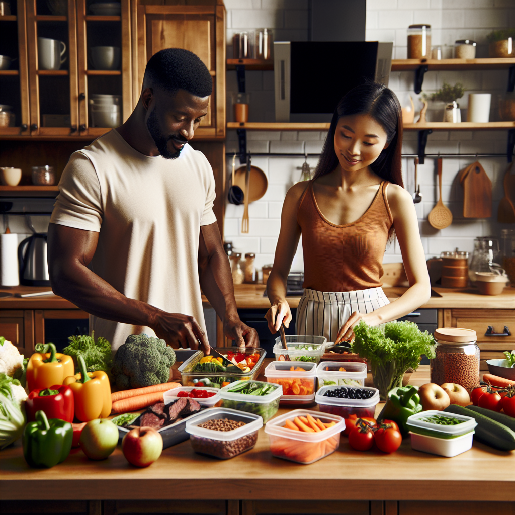 Une personne préparant des repas sains dans une cuisine conviviale, utilisant des légumes frais, des fruits, de la viande et des légumineuses, mettant en avant la cuisine en grandes quantités et le stockage des aliments pour utilisation ultérieure.