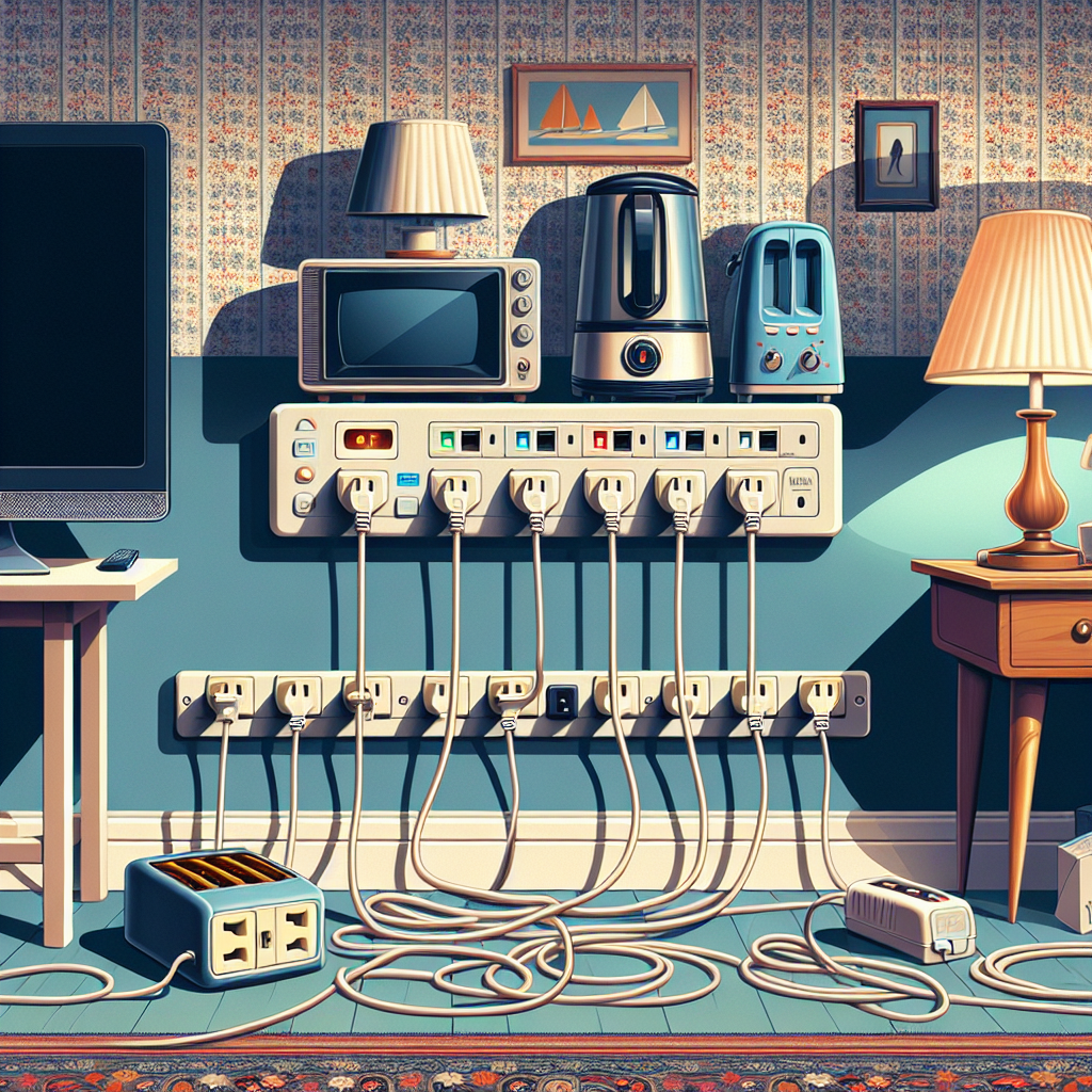 Illustration montrant plusieurs appareils électriques domestiques branchés sur une multiprise avec interrupteurs pour économiser de l'électricité.