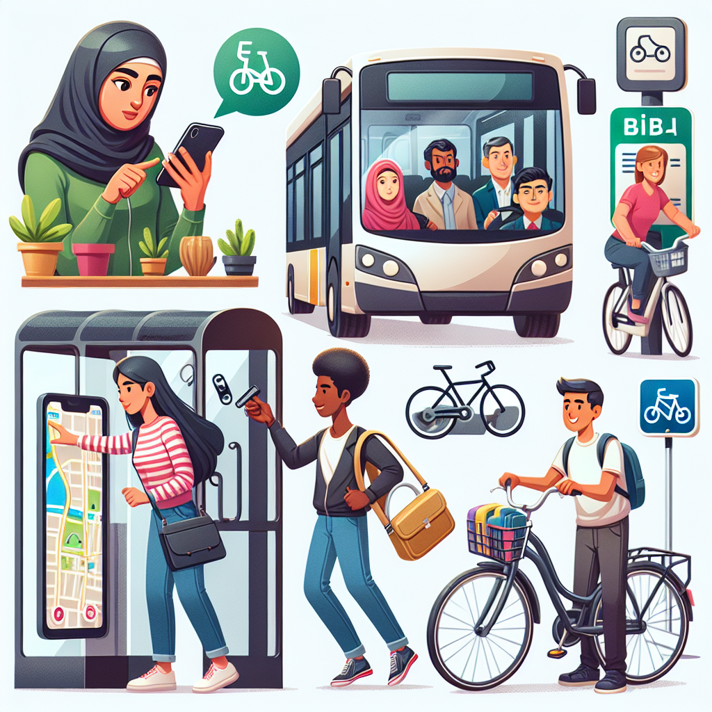 Divers modes de transport, incluant vélos, transports en commun, covoiturage, et applications mobiles pour le transport.