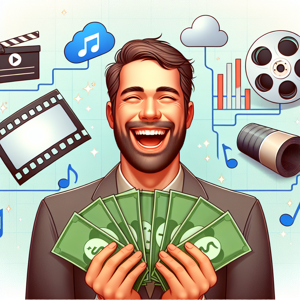 Une personne heureuse tenant de l'argent avec en arrière-plan des icônes de services comme la musique, les films et le stockage cloud, symbolisant les économies réalisées grâce aux abonnements annuels.