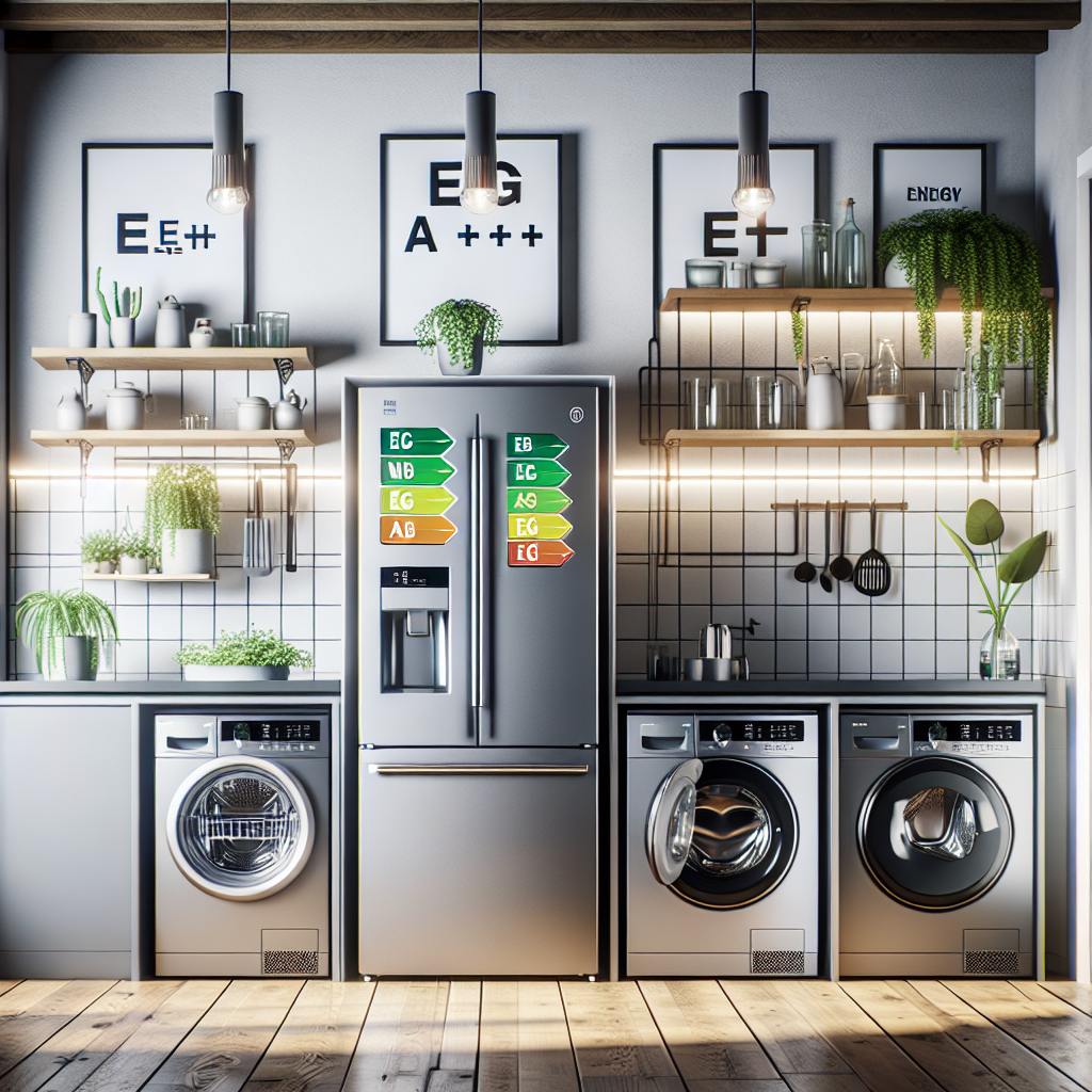 Appareils électroménagers modernes et économes en énergie dans une cuisine contemporaine, avec des étiquettes de classe énergétique A+++ visible.