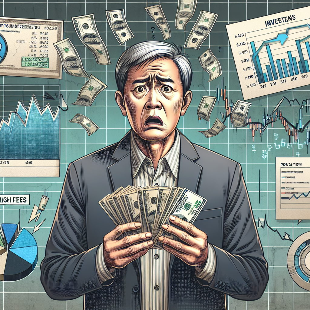 Une personne tenant de l'argent et ayant l'air confuse, avec des éléments financiers comme des graphiques boursiers, des symboles de frais et un diagramme circulaire.