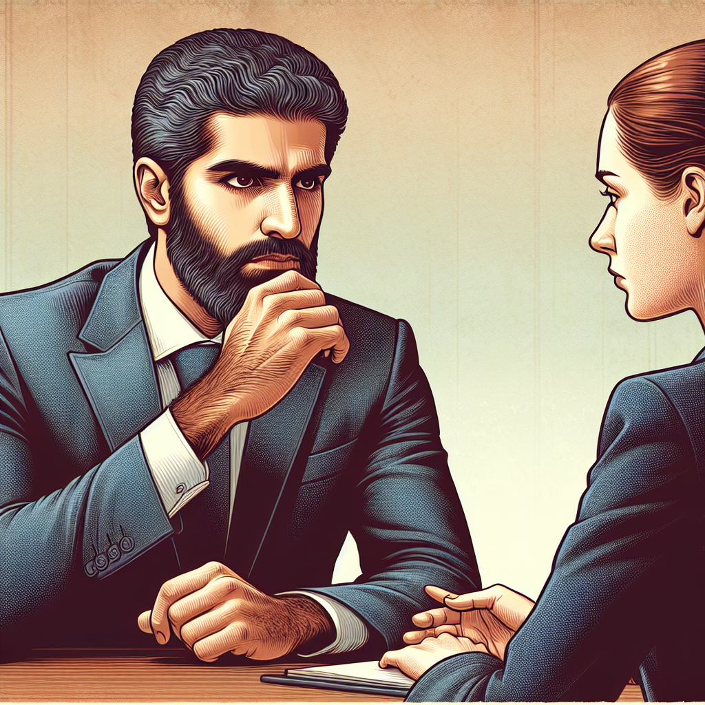 Une personne sérieuse et réfléchie négociant un accord avec quelqu'un, prenant son temps pour parler et apparaissant composé. Une autre personne quittant la négociation déçue, mais le négociateur reste réservé et patient.