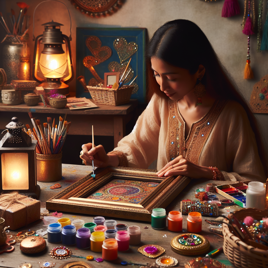 Personne fabriquant un cadeau original, peignant un cadre photo entouré de matériaux artistiques