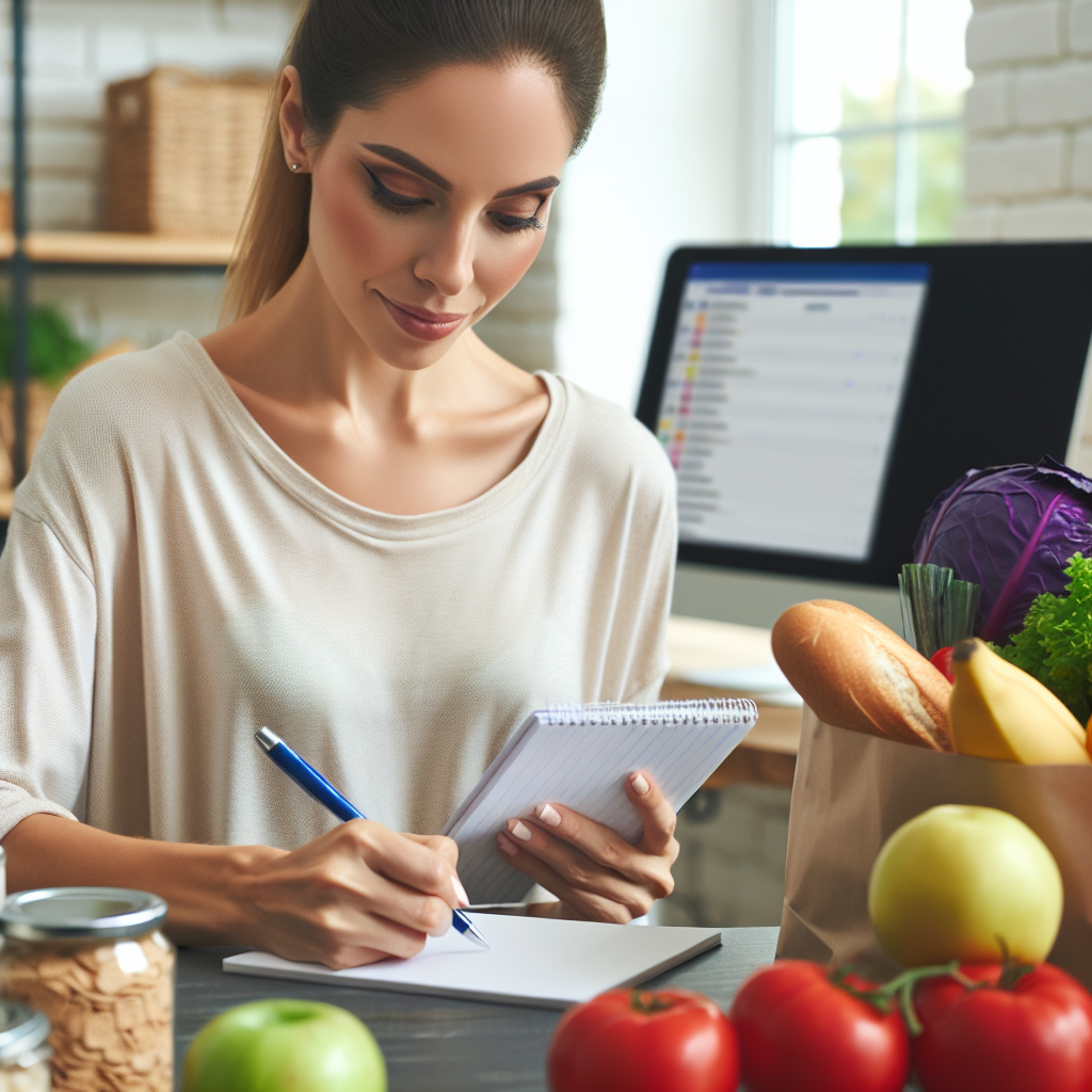 Une personne écrivant une liste de courses sur un bloc-notes, entourée de courses et d'un ordinateur pour le shopping en ligne.