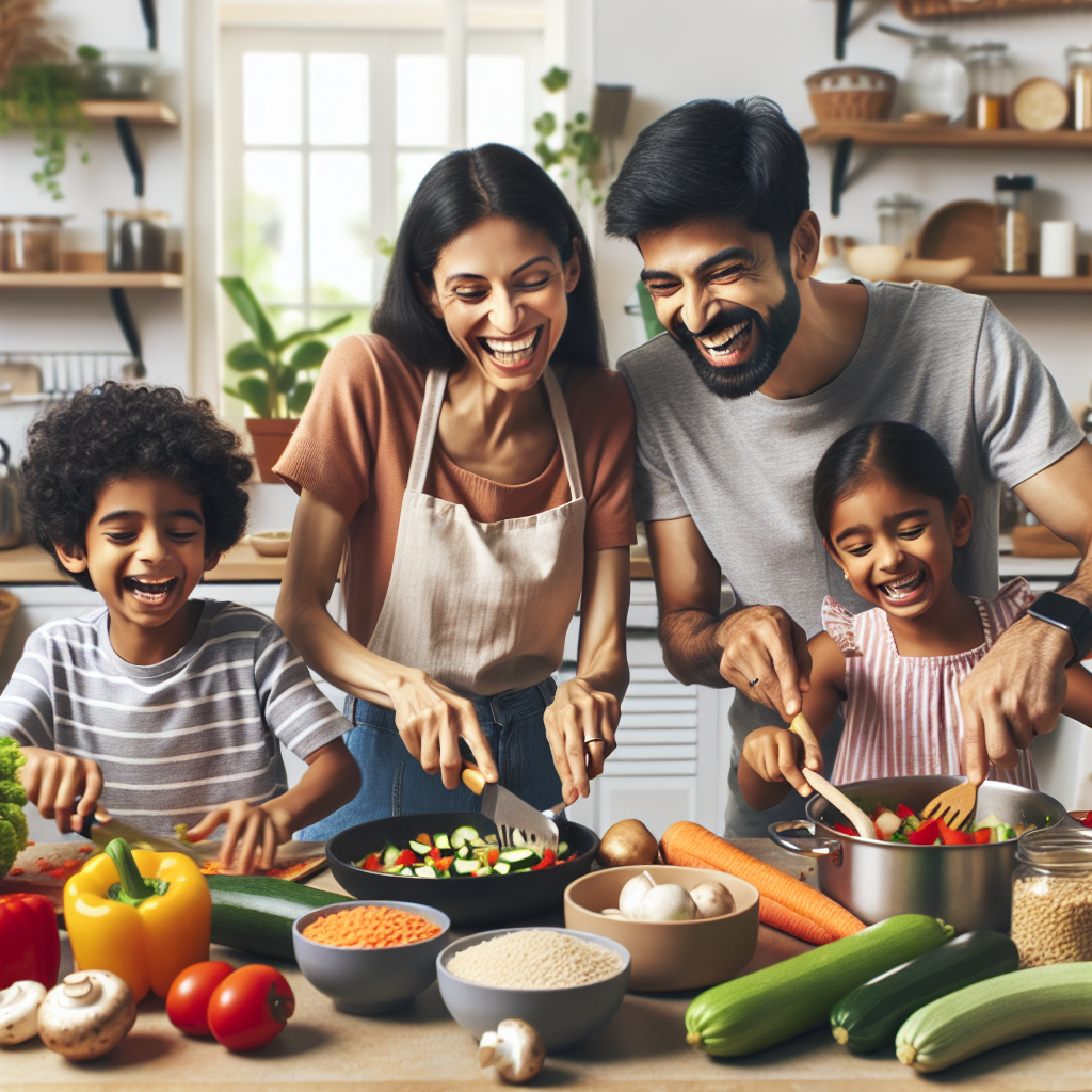 Famille cuisinant un repas économique avec des légumes frais et des ingrédients abordables sur le comptoir de la cuisine