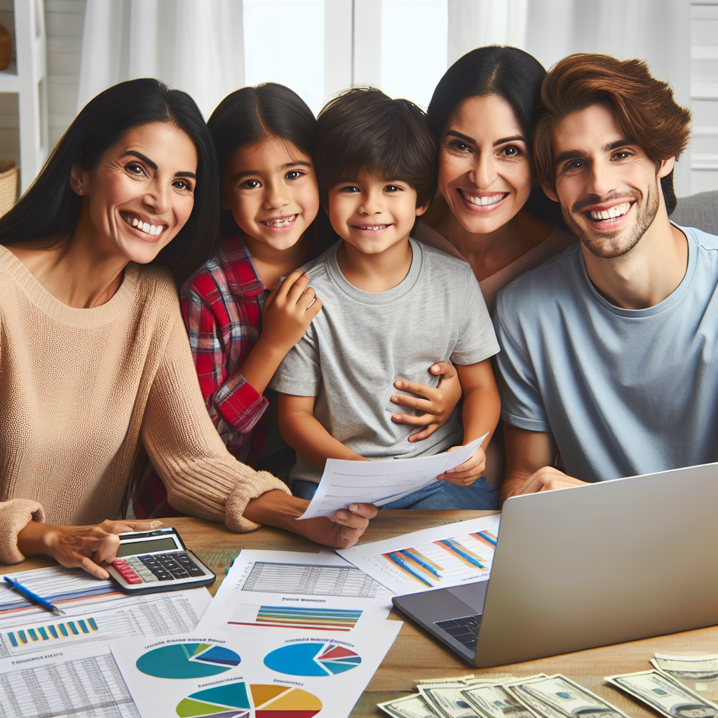 Une famille heureuse planifiant son budget à une table, entourée de documents financiers et d'un ordinateur portable.
