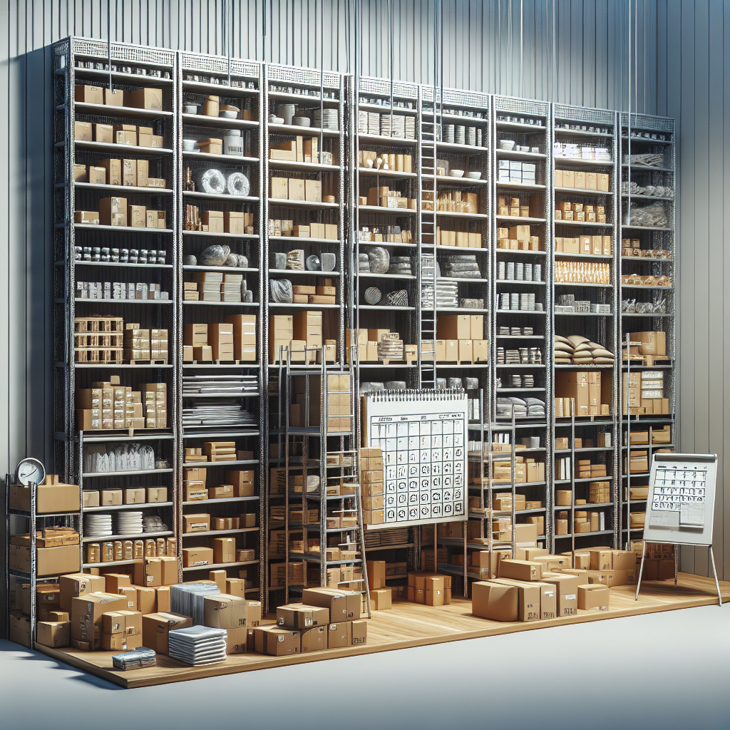 Espace de stockage organisé avec des étagères pleines de produits, un calendrier marqué de dates de péremption et des boîtes de livraison montrant les frais additionnels.