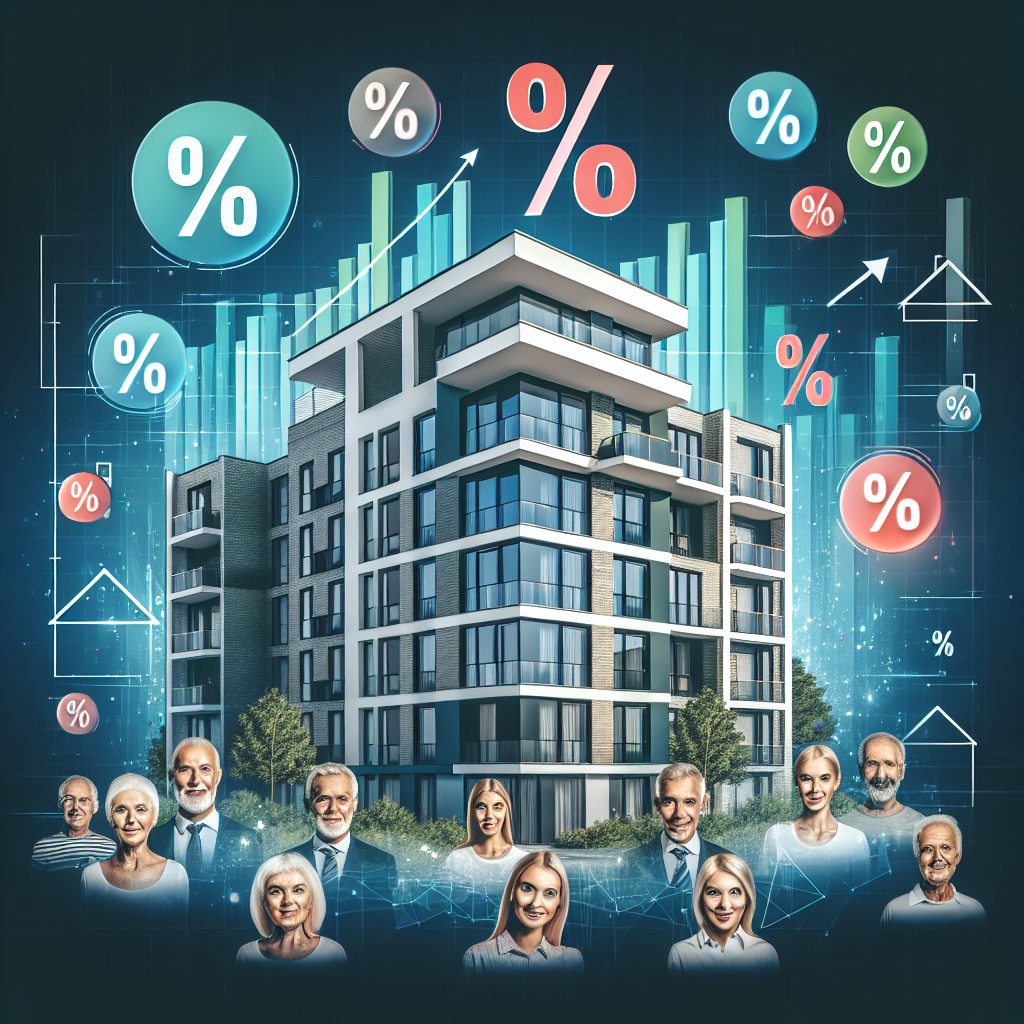 Vue d'un immeuble moderne avec des locataires heureux et des symboles financiers reflétant les avantages fiscaux, sans texte sur l'image.