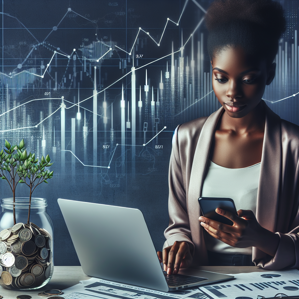 Un jeune investisseur assis à un bureau avec un ordinateur portable et un smartphone, entouré de graphiques financiers, d'une tirelire et de petites plantes en croissance représentant la croissance des investissements. L'arrière-plan montre une tendance ascendante dans les graphiques financiers.