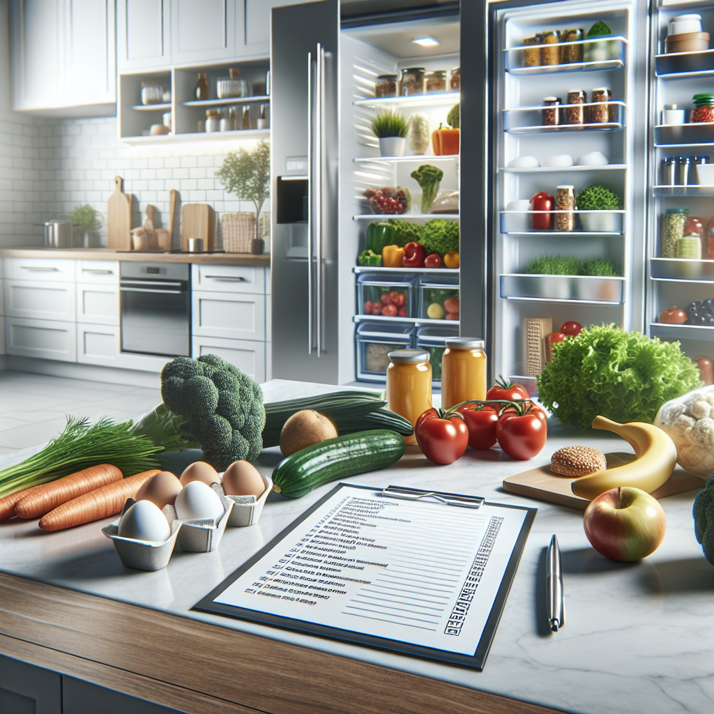 Une liste de courses bien organisée sur un plan de travail moderne avec des légumes frais, des fruits et des courses autour, et un réfrigérateur bien rangé avec des portes ouvertes montrant des aliments empilés de manière ordonnée. La cuisine est propre et moderne, avec de la lumière naturelle entrant.