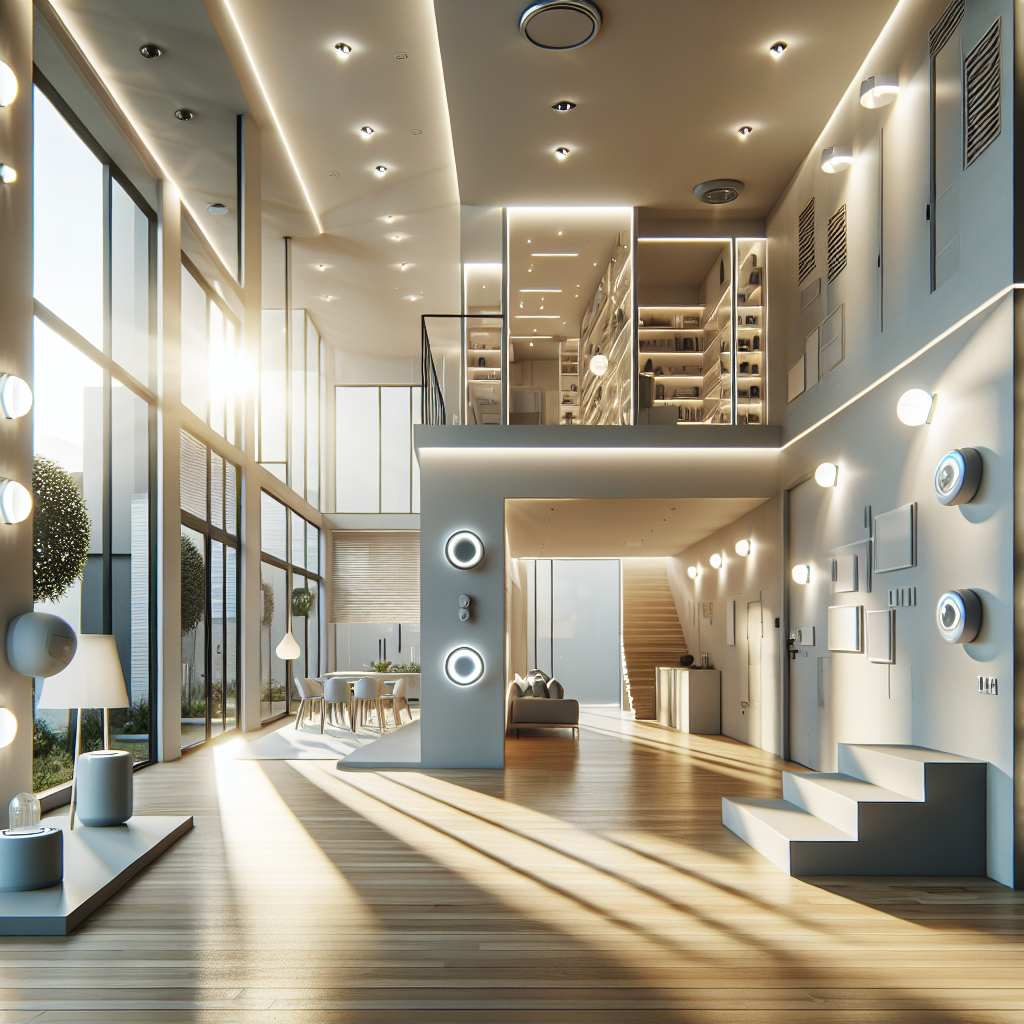 Intérieur d'une maison moderne avec des ampoules LED, la lumière naturelle entrant par de grandes fenêtres, des murs de couleur claire et des détecteurs de mouvement installés dans le couloir.