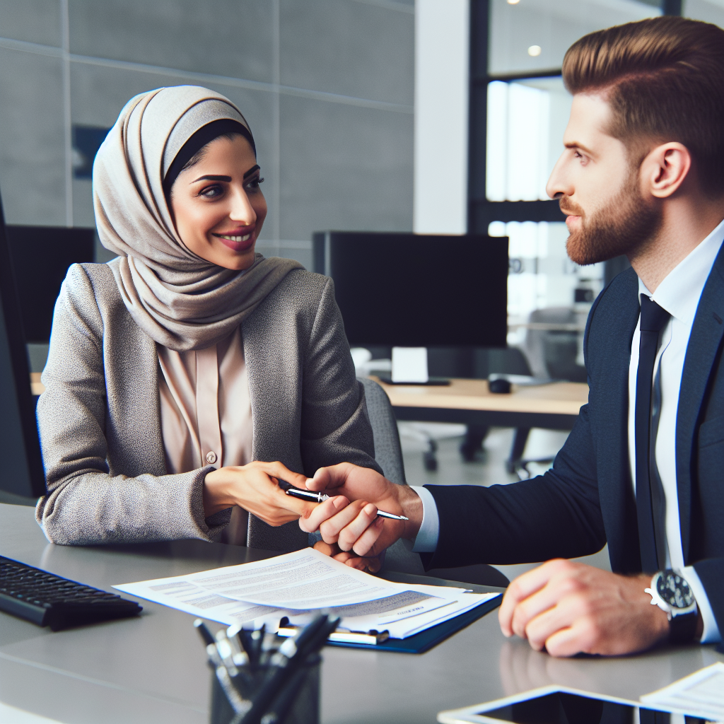 Un client négocie avec confiance avec un représentant bancaire à un bureau, tenant des documents financiers. L'intérieur de la banque est moderne et professionnel.