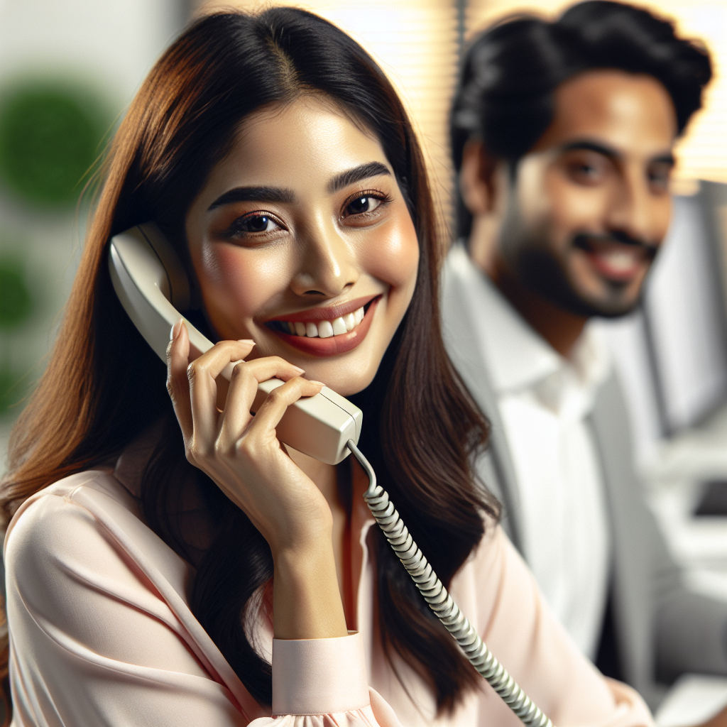 Une personne négociant au téléphone avec un représentant du service client dans un cadre de bureau, exprimant un sentiment de réussite et de satisfaction.