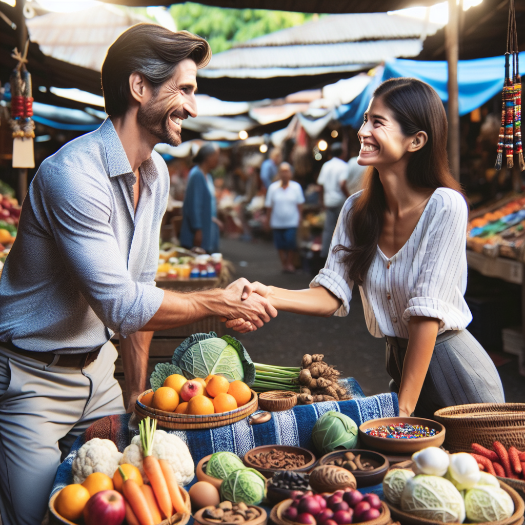 Personne négociant avec un vendeur de marché en plein air.