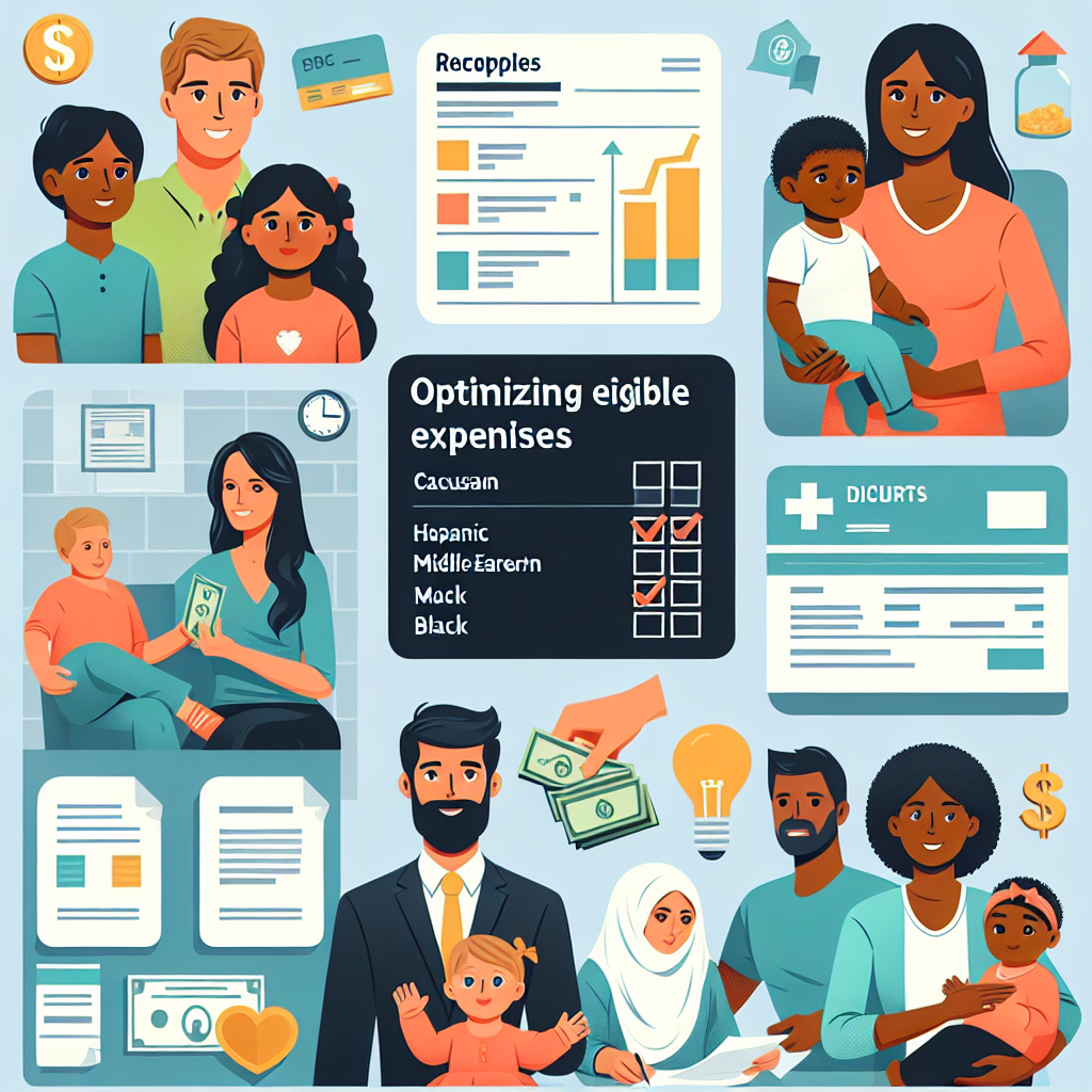 Illustration d'une famille avec de jeunes enfants, une garderie ou une nounou, des dons aux associations et des documents tels que des reçus ou des factures pour symboliser l'optimisation des dépenses éligibles.