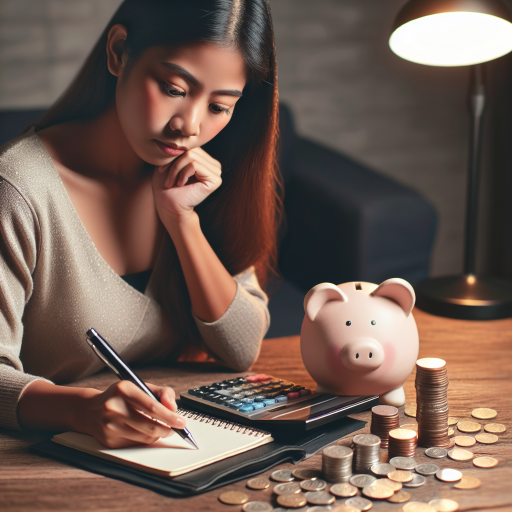 Personne organisant son budget avec une calculatrice et un carnet à côté d'une tirelire et de diverses pièces de monnaie