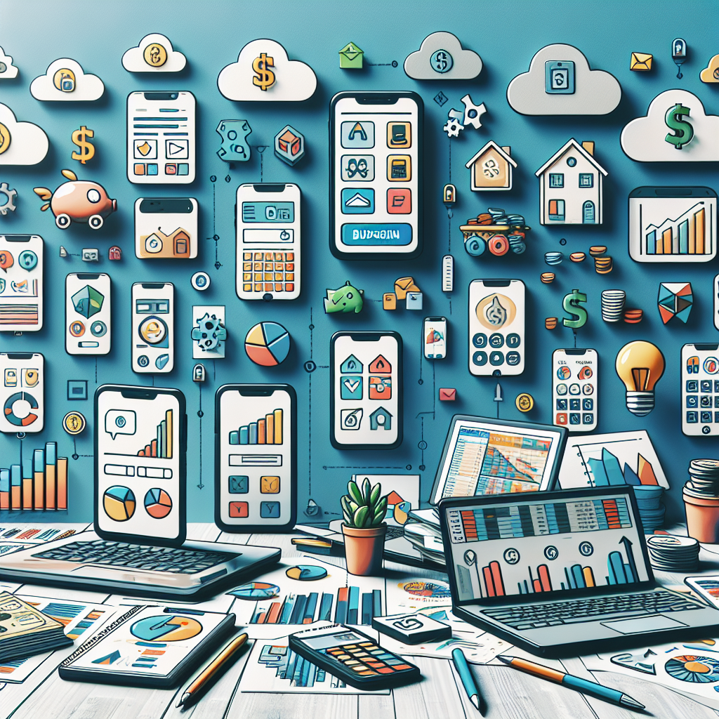 Illustration représentant divers outils de gestion de budget familial, incluant des applications mobiles et des feuilles de calcul Excel.