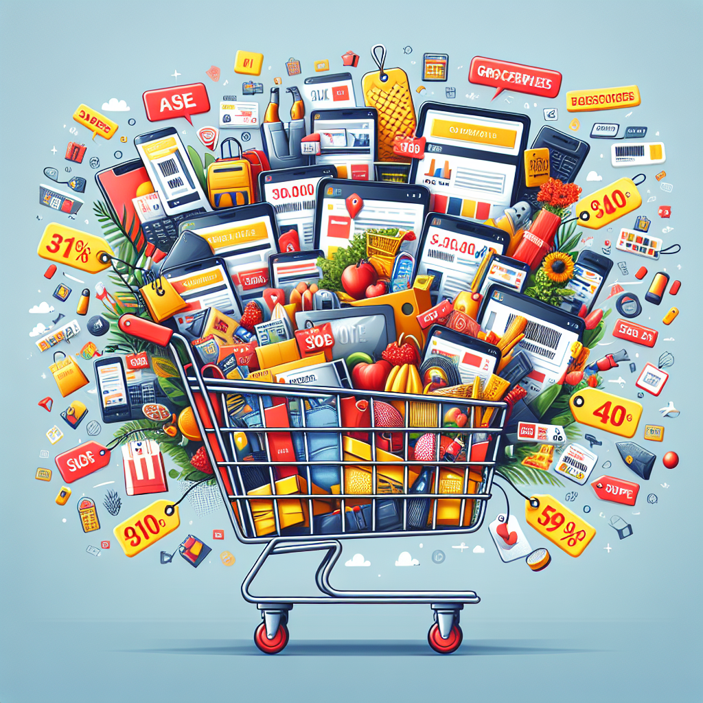 Un panier d'achats en ligne rempli de produits divers et étiquettes de réduction représentant l'optimisation des achats en ligne.