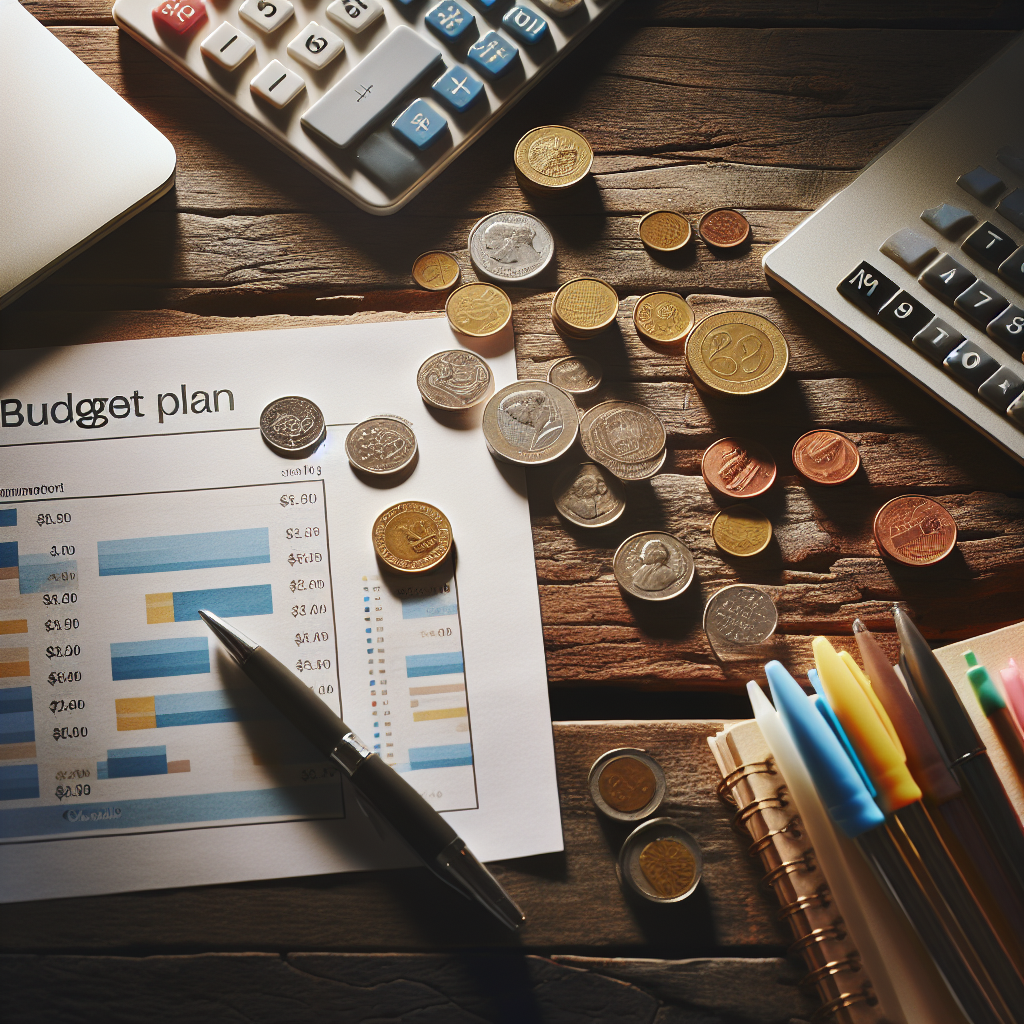 Un plan de budget détaillé sur une table en bois avec des pièces de monnaie, une calculatrice et des fournitures de bureau