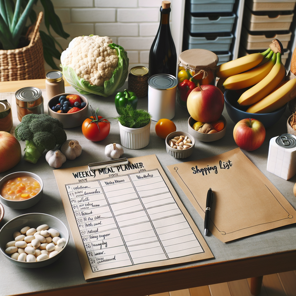 Une table de cuisine bien rangée avec un planificateur de repas hebdomadaire, une liste de courses et des articles d'épicerie autour.
