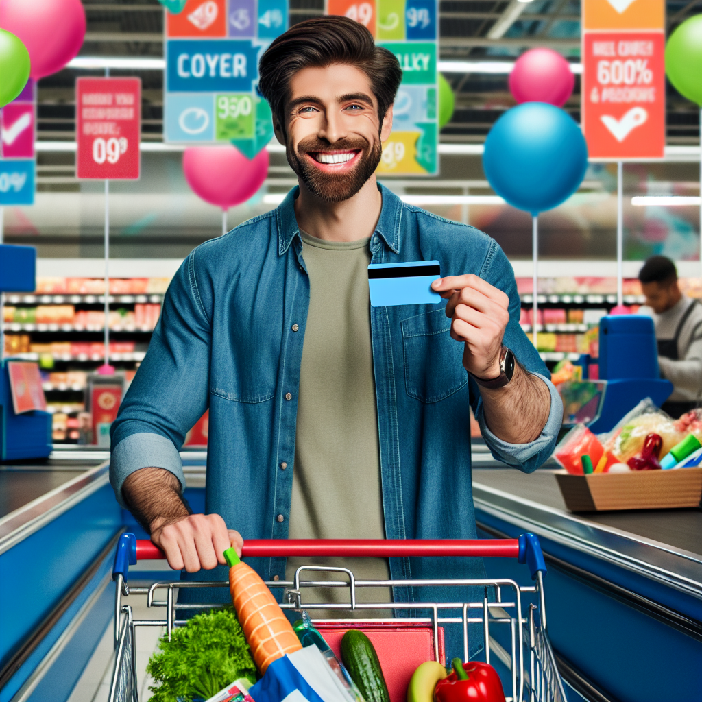 Un client joyeux utilisant une carte de fidélité à la caisse d'un supermarché, entouré de bannières promotionnelles colorées et de pancartes de réduction, avec un chariot rempli de courses et quelques coupons en main.