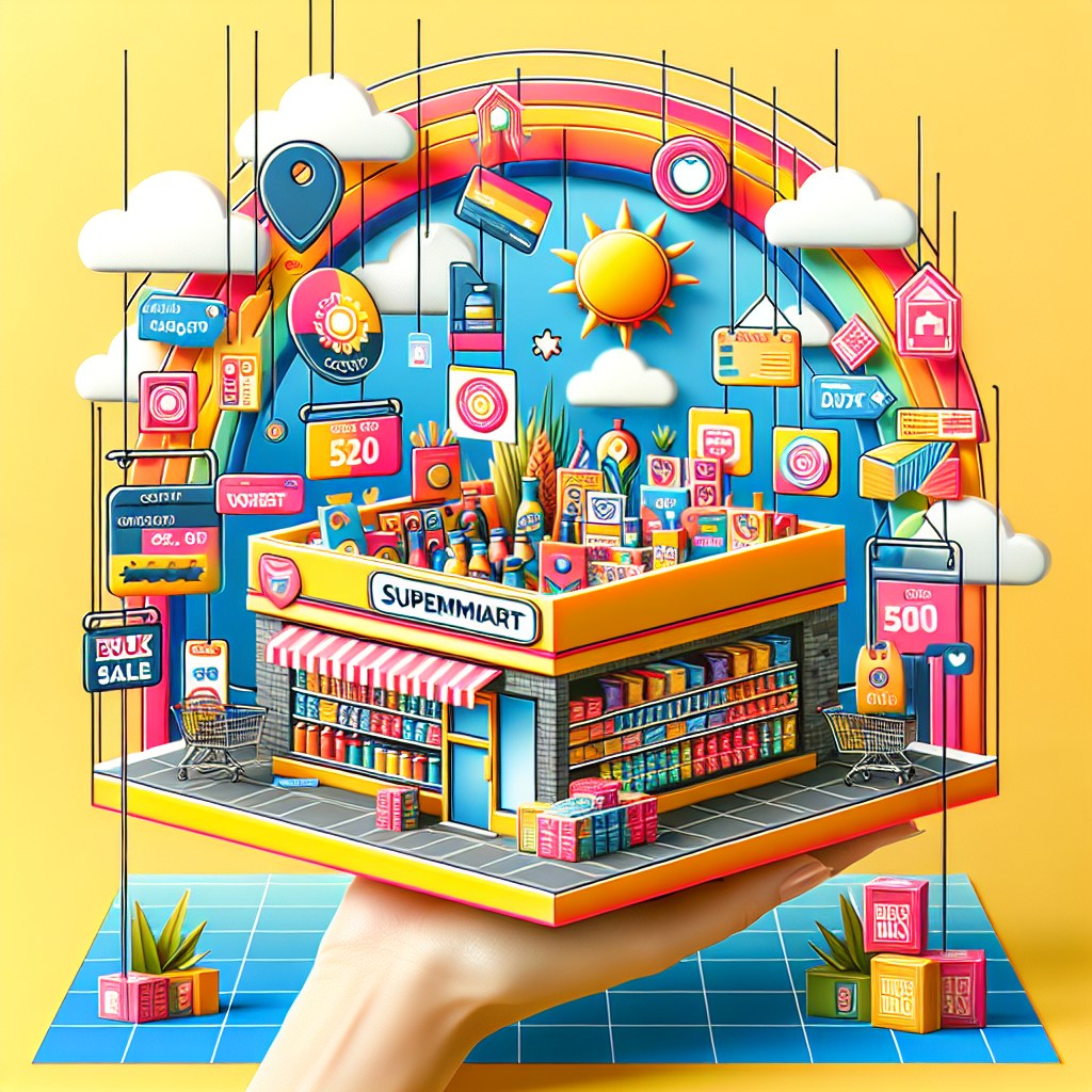 Scène colorée et vibrante montrant une variété d'articles promotionnels et d'étiquettes de réduction dans un supermarché lumineux. Elles mettent en avant des cartes de fidélité, des coupons de réduction et des articles en vente en gros.