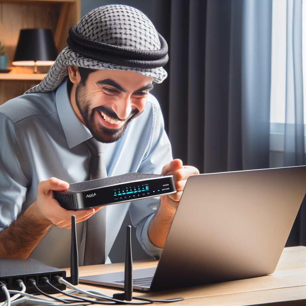 Une personne contente regardant sa facture d'internet réduite avec un ordinateur portable et un routeur en arrière-plan.