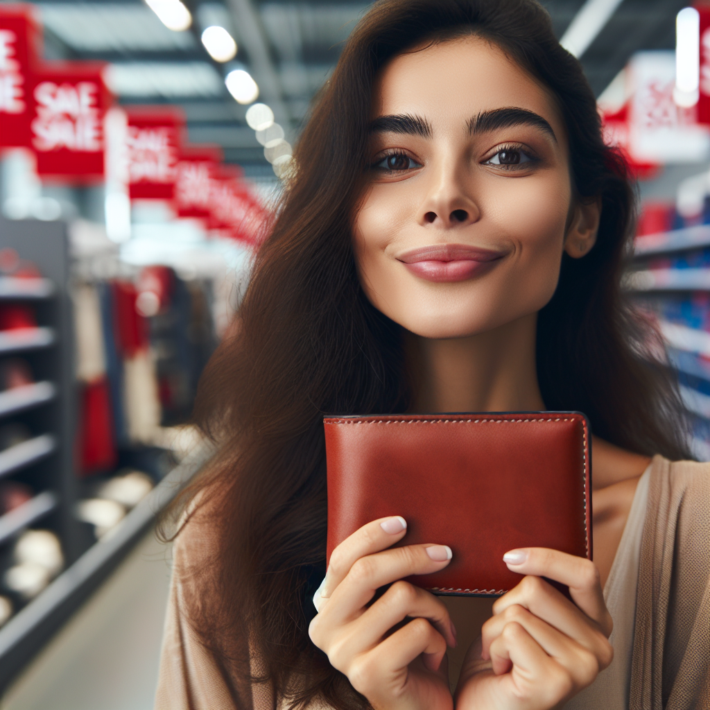 Personne fermant son portefeuille avec un sourire devant des panneaux de soldes