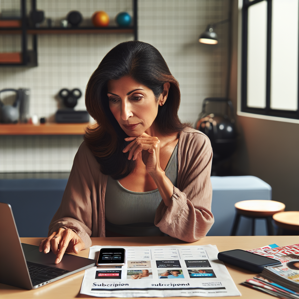 Une personne assise à un bureau examinant des plans d'abonnement sur un ordinateur portable et un téléphone, entourée d'articles comme des appareils de streaming, de l'équipement de fitness et des magazines. L'environnement est léger et décontracté, avec la personne semblant réfléchie et concentrée.