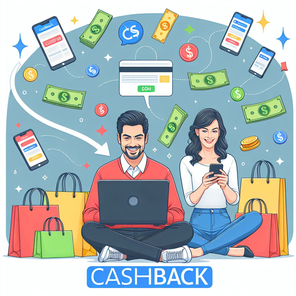 Des acheteurs heureux utilisant un ordinateur portable et un smartphone, entourés de sacs de shopping et des symboles de cashback, illustrant le concept de cashback.