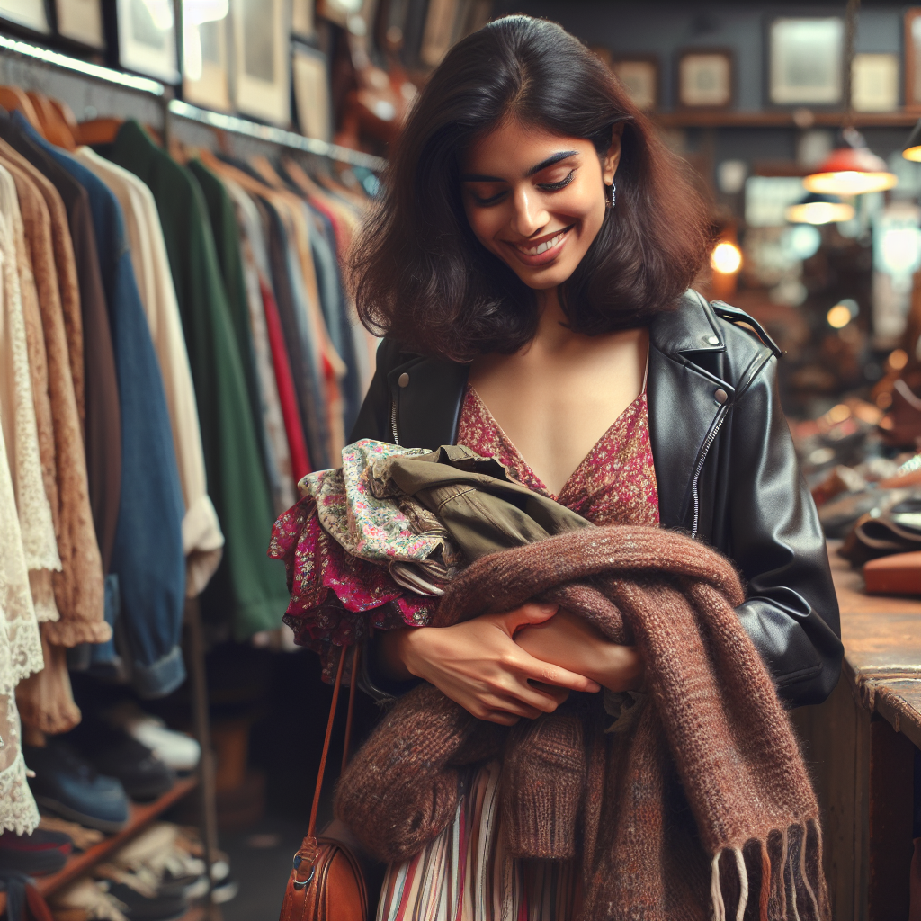 Personne faisant des achats en seconde main dans un magasin d'occasion, regardant heureuse et satisfaite de ses trouvailles