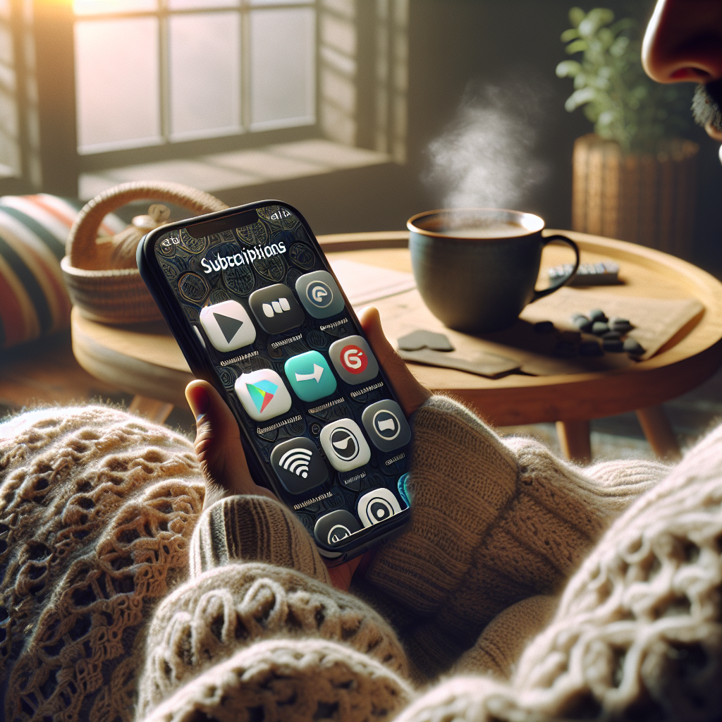 Une personne utilisant un smartphone avec plusieurs icônes d'applications comme Netflix, Spotify et Amazon Prime affichées sur l'écran, montrant la gestion de ses abonnements. Le décor de fond contient des objets domestiques pour une atmosphère chaleureuse.
