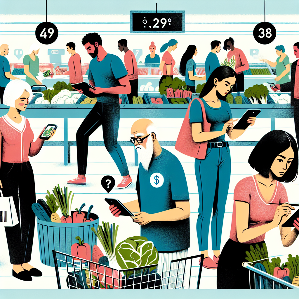 Une allée de supermarché animée avec des clients utilisant des coupons et des sacs réutilisables