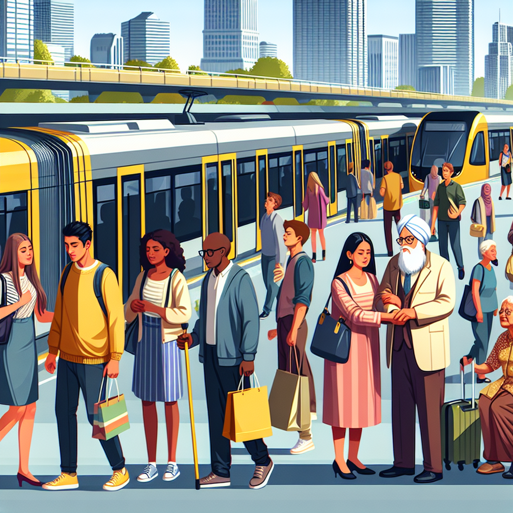 Paysage urbain animé avec des gens montant dans des bus et des trains, certains tenant des cartes de voyage. Mix diversifié de voyageurs, y compris des étudiants, des personnes âgées et des personnes avec des sacs de courses.