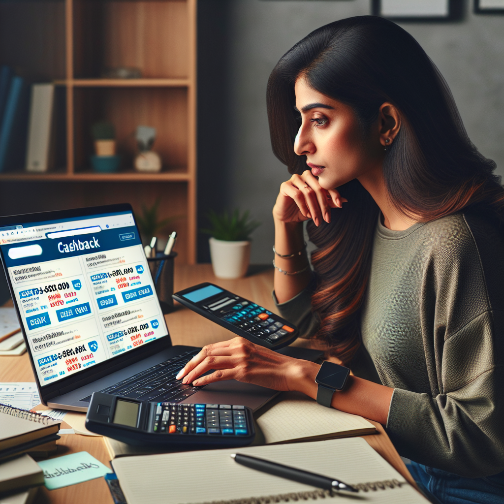 Personne utilisant un site de cashback avec des offres affichées sur l'écran et une calculatrice à côté.