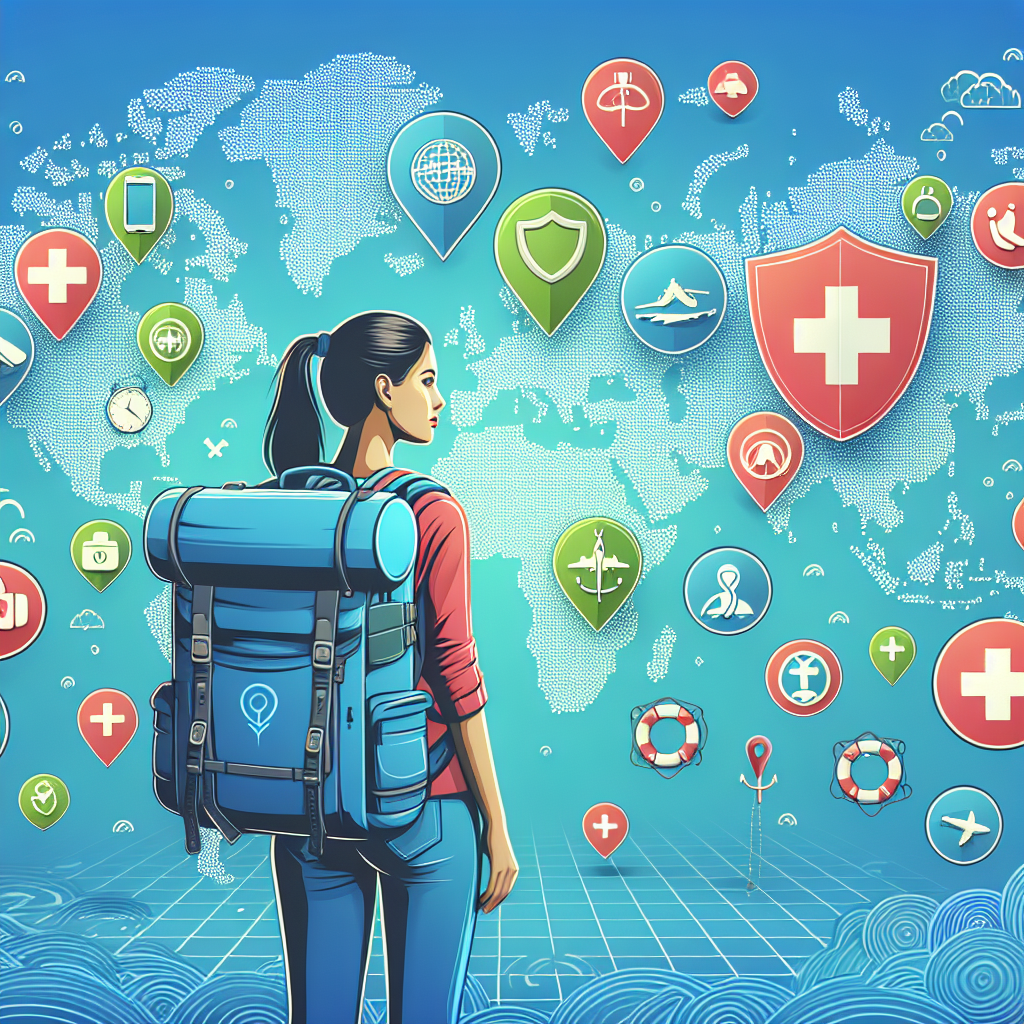 Voyageur avec un sac à dos devant une carte du monde, avec des icônes représentant l'assurance et la sécurité autour de lui