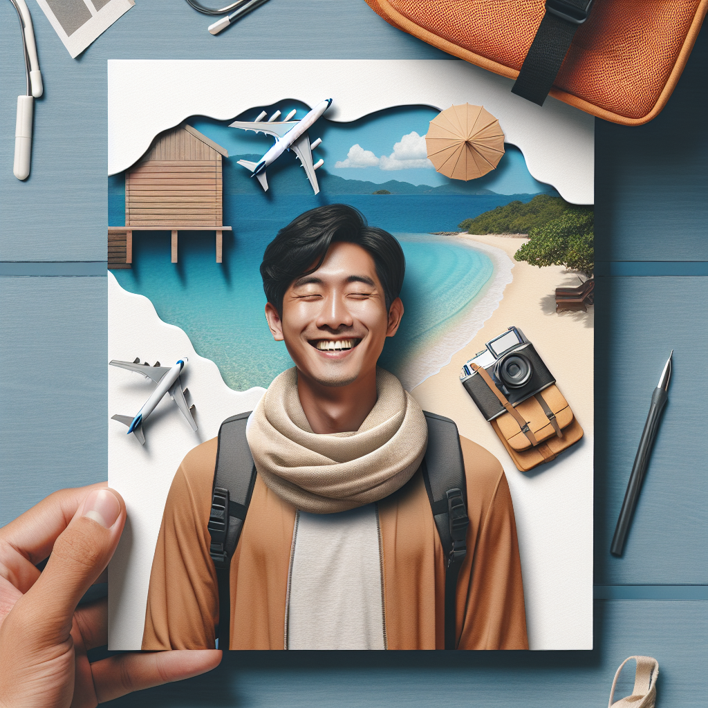 Un voyageur minimaliste avec un petit sac à dos profitant d'un voyage sans stress. Le voyageur utilise des articles multifonctionnels comme un foulard servant de couverture sur la plage et d'oreiller dans l'avion.